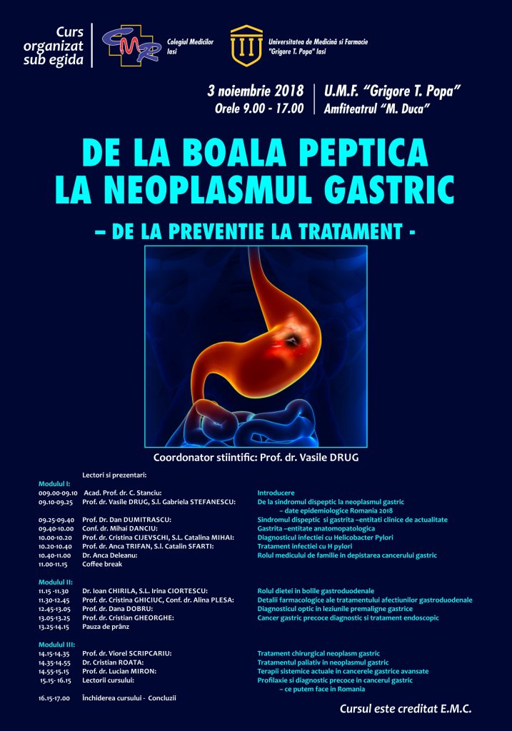 CURS -DE LA BOALA PEPTICA LA NEOPLASMUL GASTRIC – DE LA PREVENTIE LA TRATAMENT, 3 NOIEMBRIE 2018