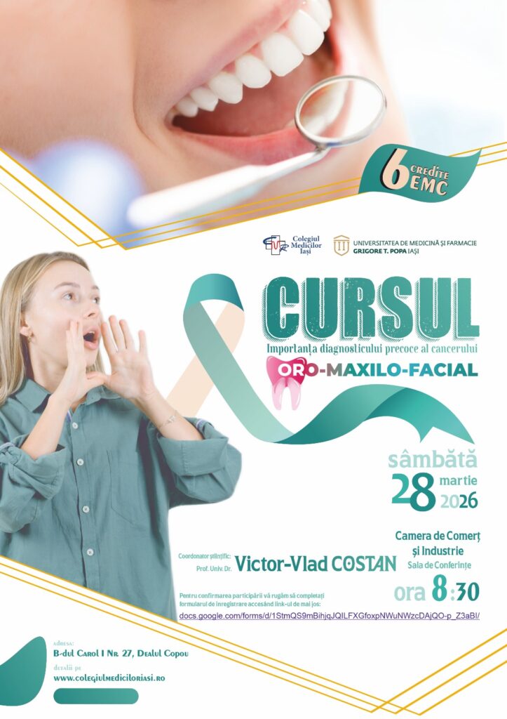 Invitație curs „Importanța diagnosticului precoce al cancerului oro-maxilo-facial”, 28 martie 2026